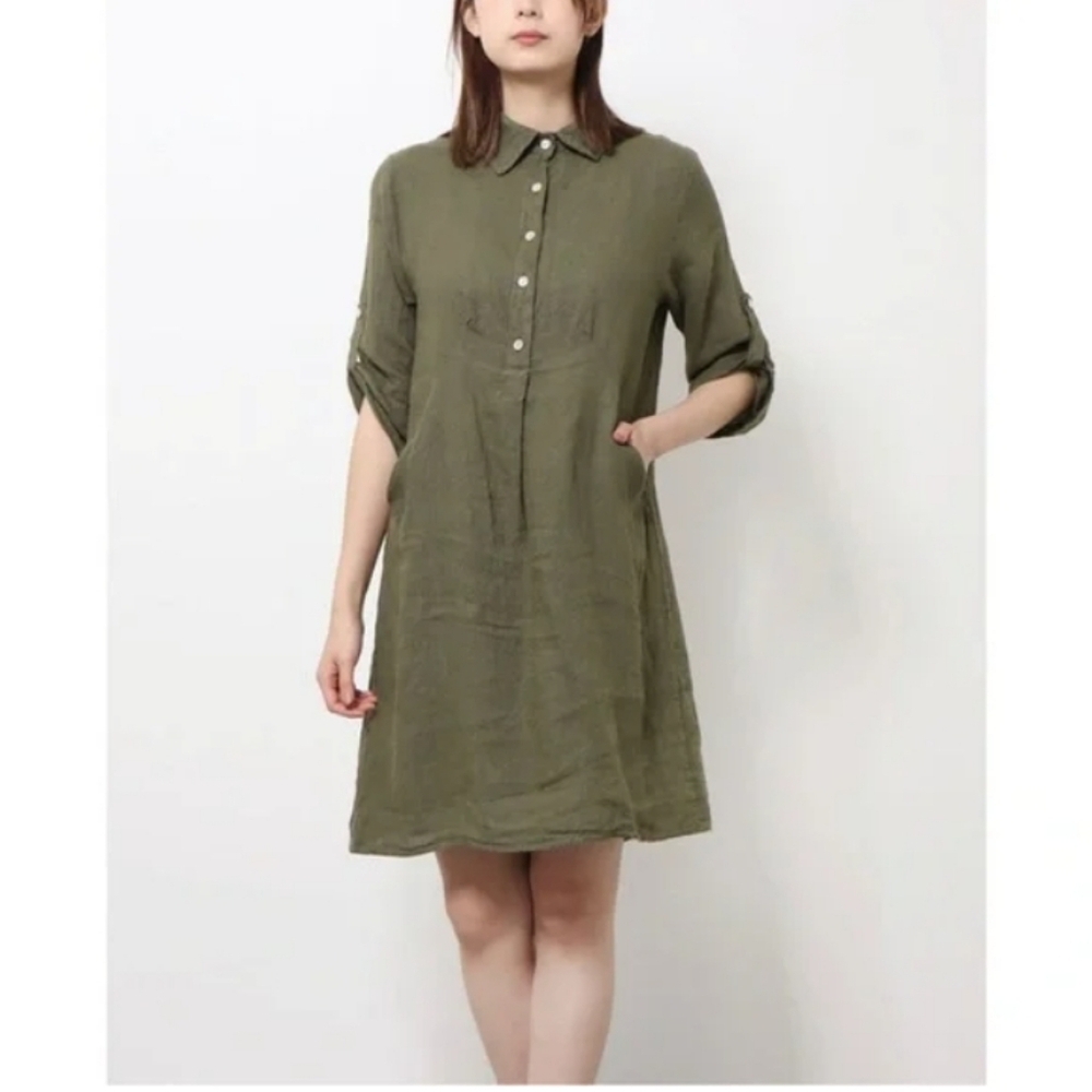Elena Baldi 100% linen olive green tunic dress, made in Italy Sz-L
